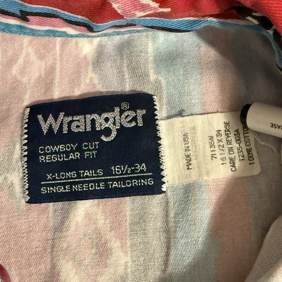 Vintage Wrangler Mens Size 16.5 34 Aztec 90s XLong Tails Single Stitch Brushpop - Picture 3 of 8